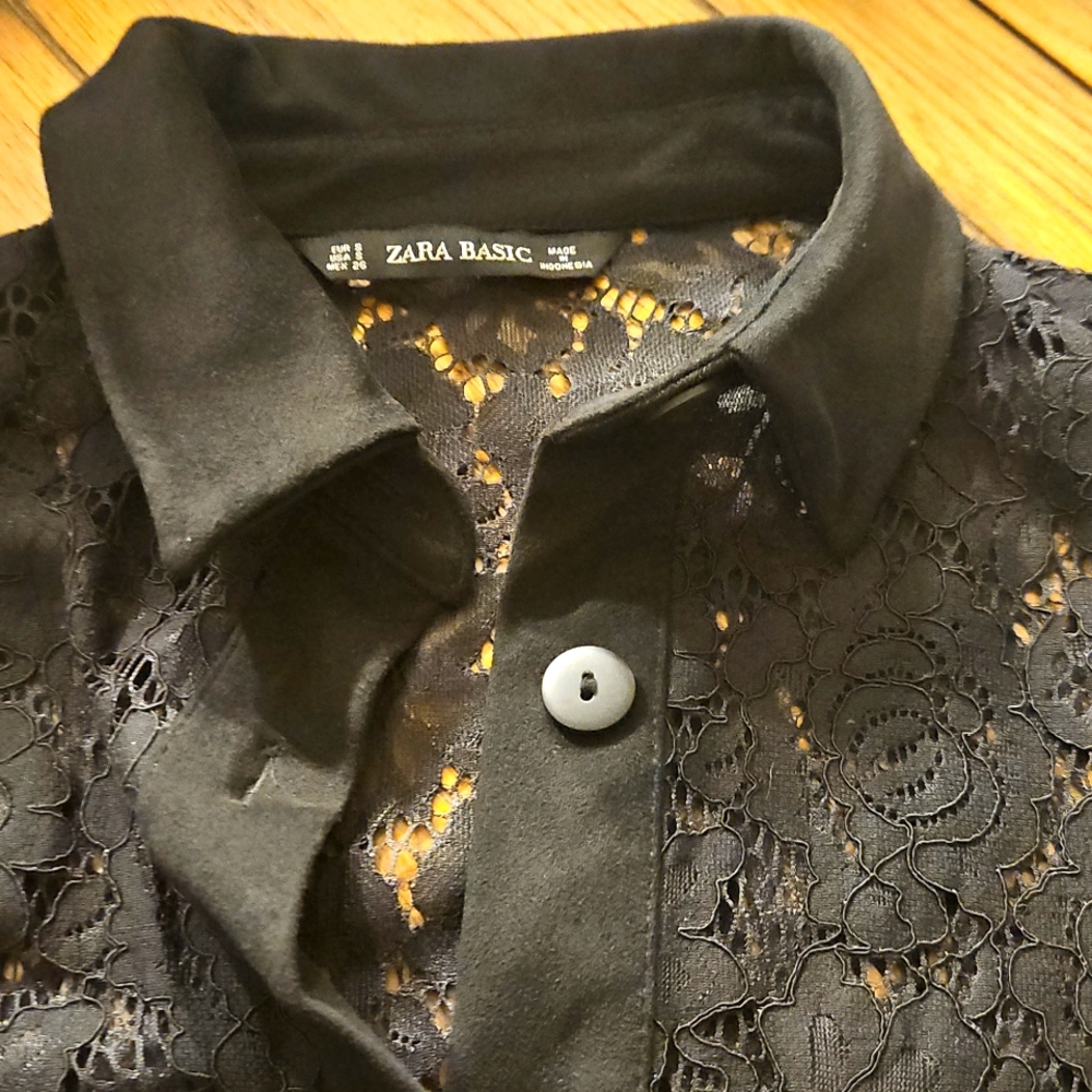 Zara Black Lace Button-Up Shirt Dress With Tie Size Small - Picture 3 of 6